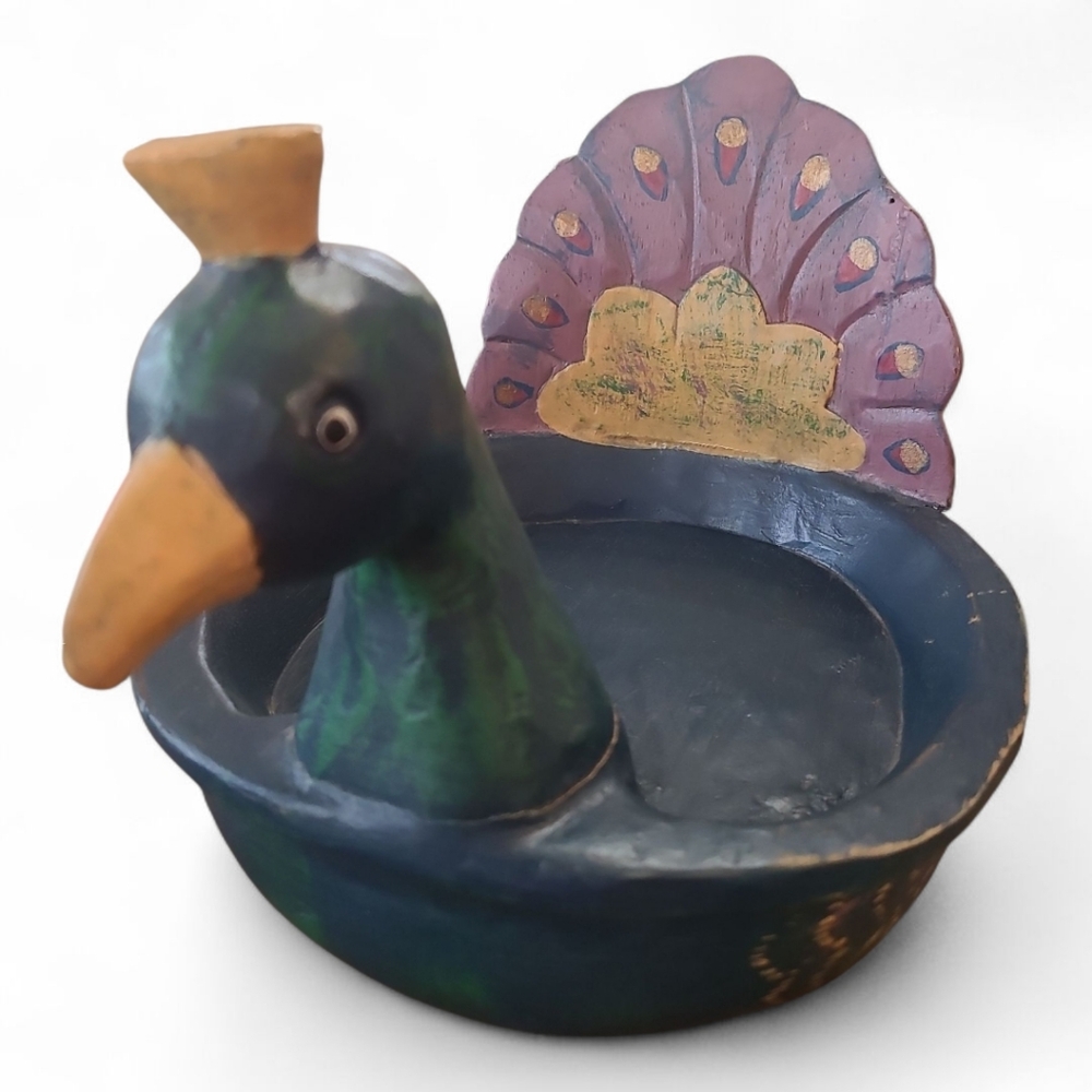 Carved & Hand Painted Wooden Peacock  Folk Art Bowl Unique One Of A Kind Gift